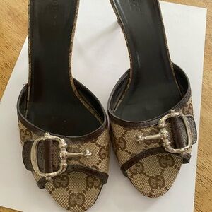 Gucci Brown and Cream Mules with Silver Buckle